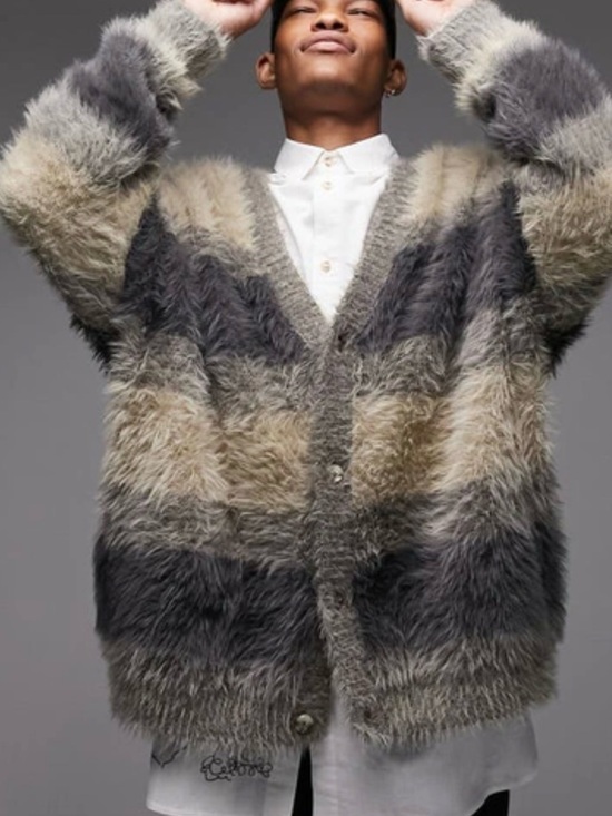 Topman Other - Topman Men's Fuzzy Striped Cardigan in Gray and Cream